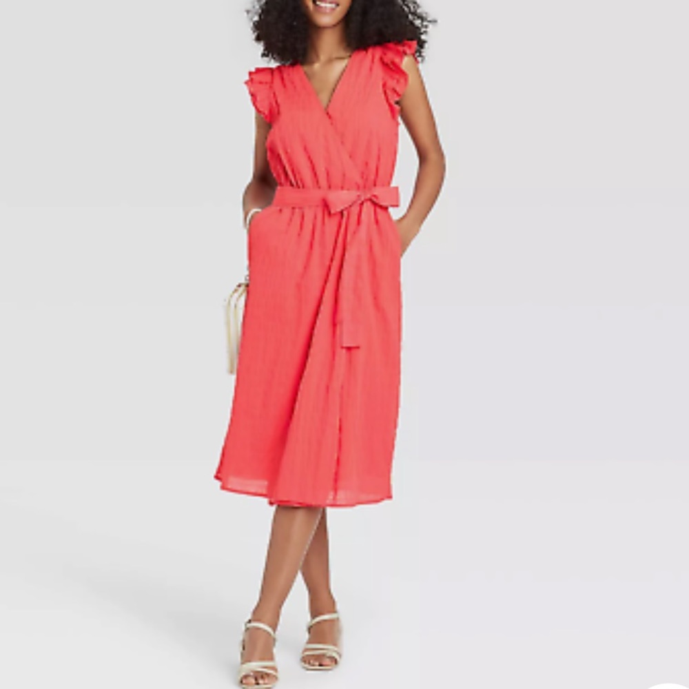 Vibrant A New Day coral midi dress w/ ruffle sleeves & flattering waist worn 1x